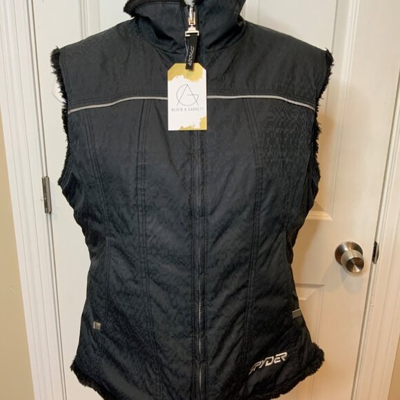 Spyder Black Reversible Faux Fur/Polyester Zip-Up Ski Vest Pockets, Size 8 - Picture 1 of 7